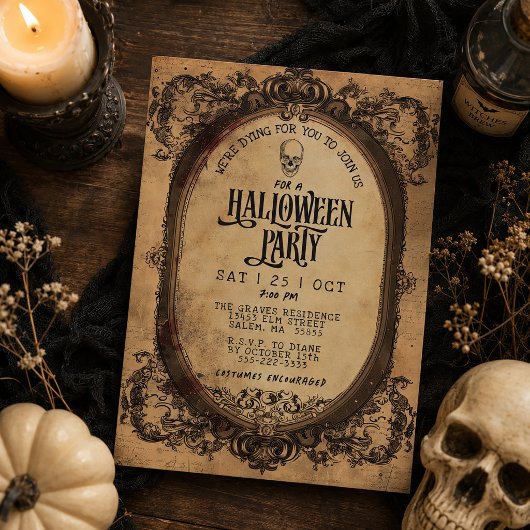 ヴィンテージゴシックフレームドクロハロウィンパーティー 招待状