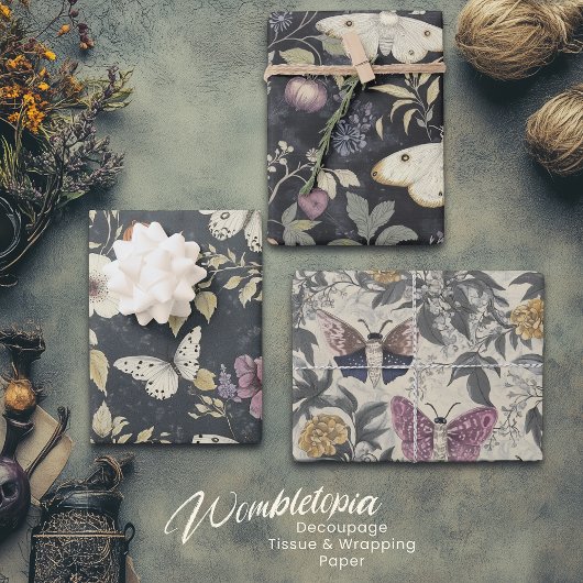 ヴィンテージゴシックモス&フローラダークグレー&パープル ラッピングペーパーシート