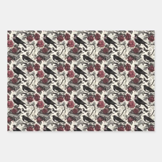 ヴィンテージゴシック様式のラヴェンス、バラ、書籍 ラッピングペーパーシート (正面)