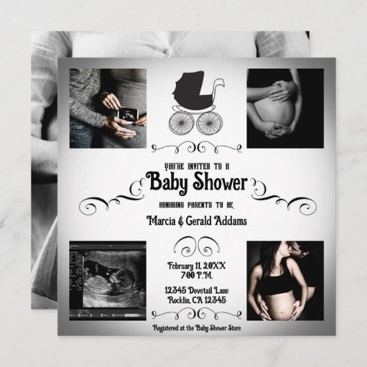 ヴィンテージゴシック様式の黒と白のPramベビーシャワー 招待状 (正面/裏面)