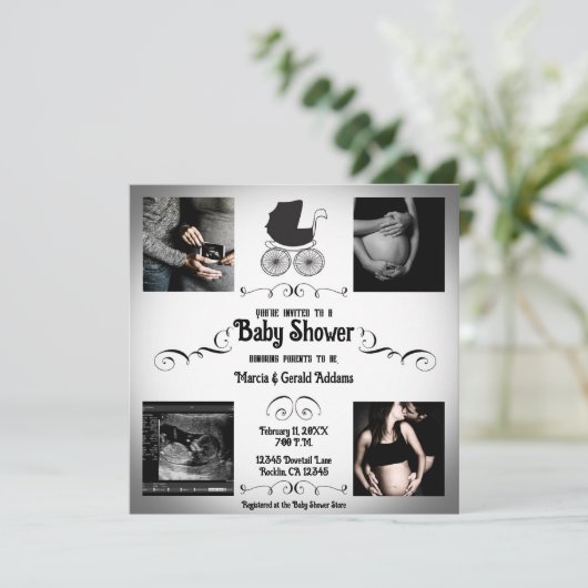 ヴィンテージゴシック様式の黒と白のPramベビーシャワー 招待状 (スタンド正面)