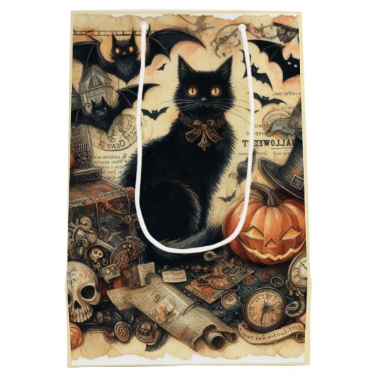ヴィンテージゴシック様式の黒猫ハロウィーン ミディアムペーパーバッグ (裏面)