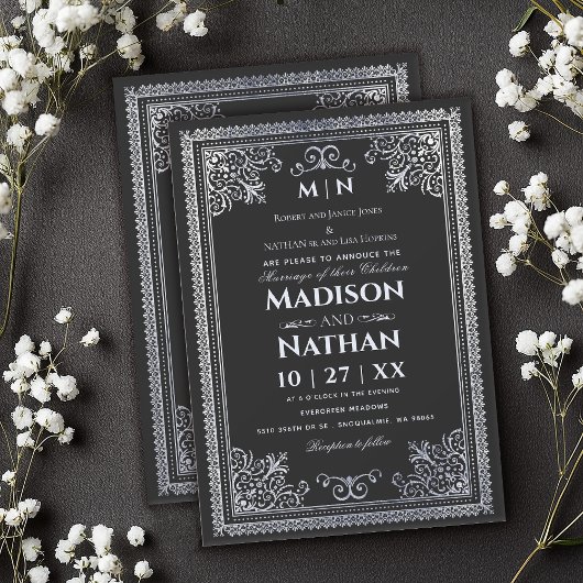 ヴィンテージゴシック銀ビクトリアン結婚式招待状 招待状