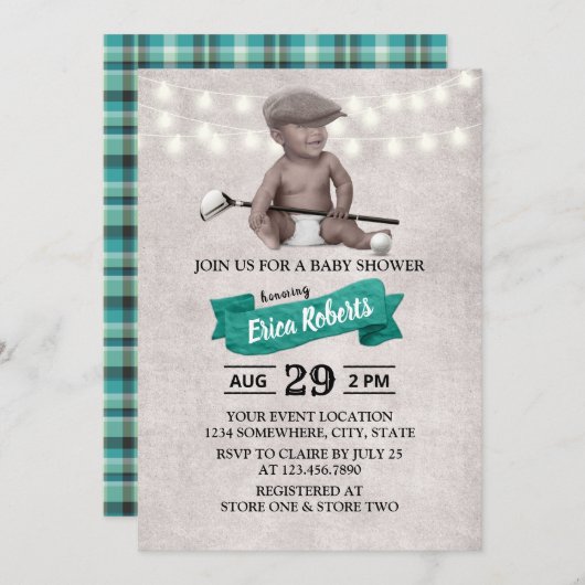 ヴィンテージゴルフボーイスポーツブラックベビーシャワー 招待状 (正面/裏面)