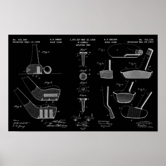 ヴィンテージゴルフ特許ポスター2白オンブラック ポスター (正面)