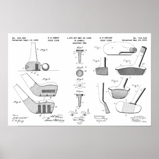 ヴィンテージゴルフ特許ポスター2黒オン白 ポスター (正面)