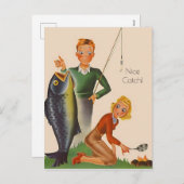 ヴィンテージゴングフィイン魚釣りナイスキャッチリンゴレトロ シーズンポストカード (正面/裏面)