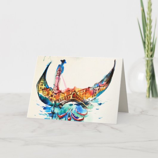 ヴィンテージゴンドラヴェネツィアシティトラベルラブウォーターカラー カード (正面)