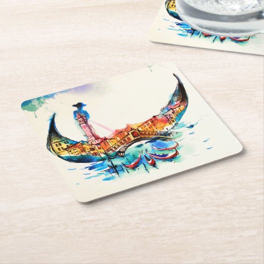 ヴィンテージゴンドラヴェネツィアシティトラベルラブウォーターカラー スクエアペーパーコースター (アングル)