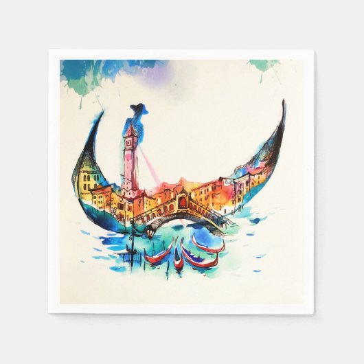 ヴィンテージゴンドラヴェネツィアシティトラベルラブウォーターカラー スタンダードカクテルナプキン (正面)