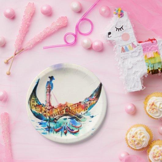 ヴィンテージゴンドラヴェネツィアシティトラベルラブウォーターカラー ペーパープレート (パーティー)