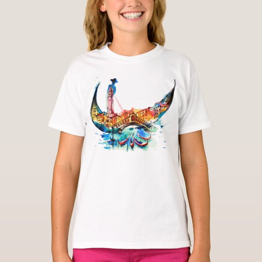 ヴィンテージゴンドラヴェネツィアシティトラベルラブウォーターカラー Tシャツ (正面)