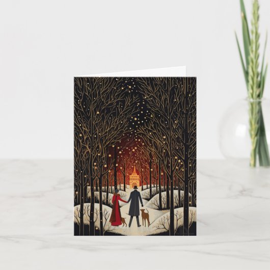 ヴィンテージゴーアッシュ冬のカップルと教会空白の ノートカード (正面)
