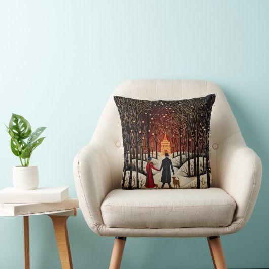 ヴィンテージゴーアッシュ冬のカップルと教会 クッション (椅子)