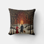 ヴィンテージゴーアッシュ冬のカップルと教会 クッション (正面)