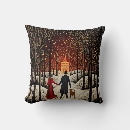 ヴィンテージゴーアッシュ冬のカップルと教会 クッション (正面)