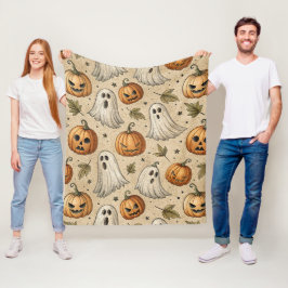 ヴィンテージゴーストとハロウィンパンプキンパターン フリースブランケット
