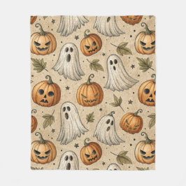 ヴィンテージゴーストとハロウィンパンプキンパターン フリースブランケット