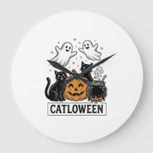 ヴィンテージゴーストキャットのハロウィンTシャツデザイン ラージ壁時計