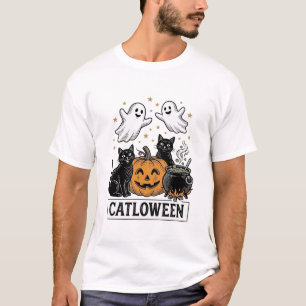 ヴィンテージゴーストキャットのハロウィンTシャツデザイン Tシャツ