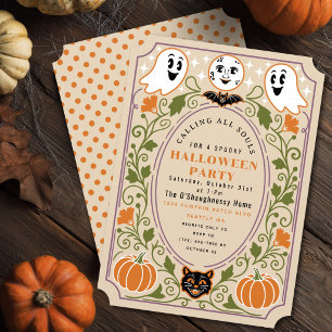 ヴィンテージゴーストキャットパンプキンハロウィンパーティー 招待状
