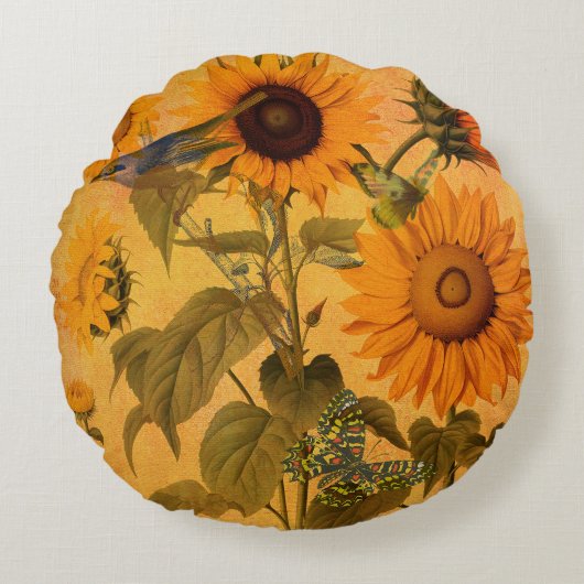 ヴィンテージゴールデンサンフラワーコラージュ ラウンドクッション (正面)