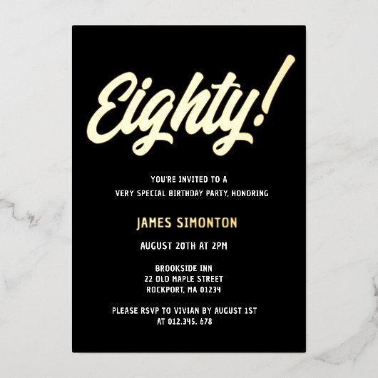 ヴィンテージゴールデンスクリプト80th誕生日パーティー 箔招待状 (正面)