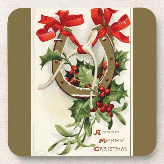 ヴィンテージゴールデンホースシューウィッシュボーンブロンズのクリスマス コースター (正面)