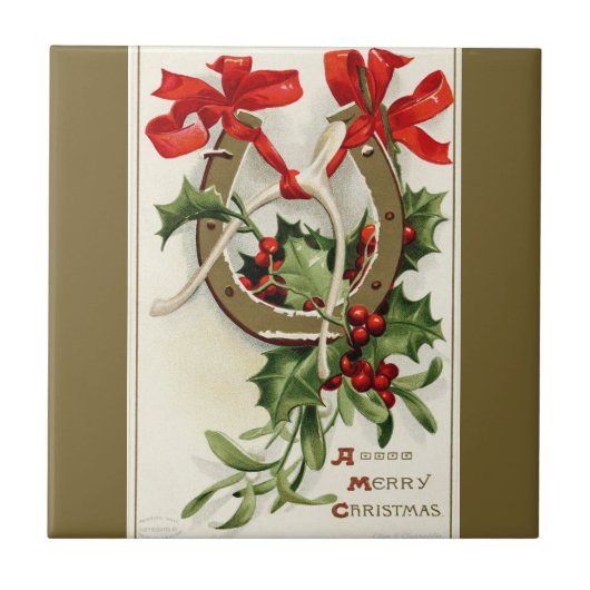 ヴィンテージゴールデンホースシューウィッシュボーンブロンズのクリスマス タイル (正面)