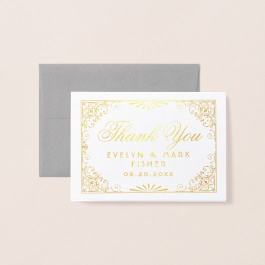 ヴィンテージゴールドのアールデコスタイルの結婚式のお礼 箔カード (封筒付き正面)
