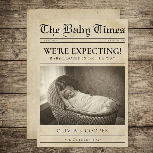 ヴィンテージゴールドの新聞を使った妊娠発表 案内状