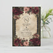 ヴィンテージゴールドの繊細な装飾と深紅の花弁 招待状 (スタンド正面)