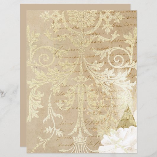 ヴィンテージゴールドオルネートフローラルスクリプトスクラップブックペーパー (正面/裏面)