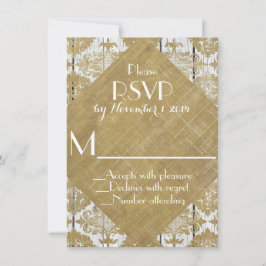 ヴィンテージゴールドダマスクとホワイトウッドの結婚式出欠確認カード 出欠カード