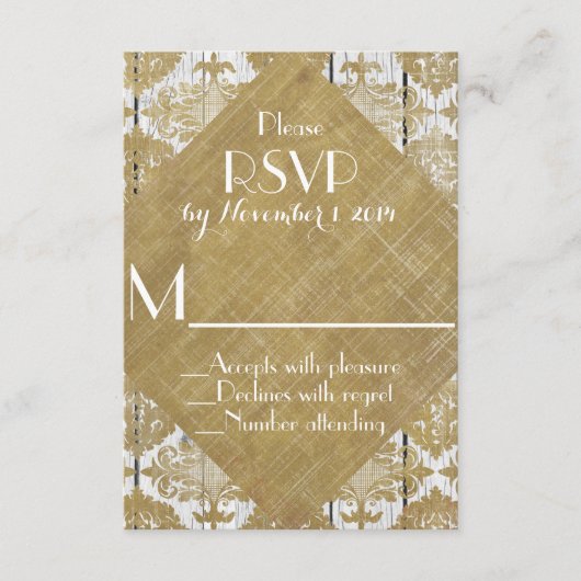 ヴィンテージゴールドダマスクとホワイトウッドの結婚式出欠確認 出欠カード (正面)