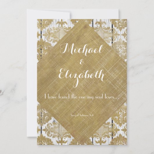ヴィンテージゴールドダマスクと木に聖書の一節 招待状 (正面)