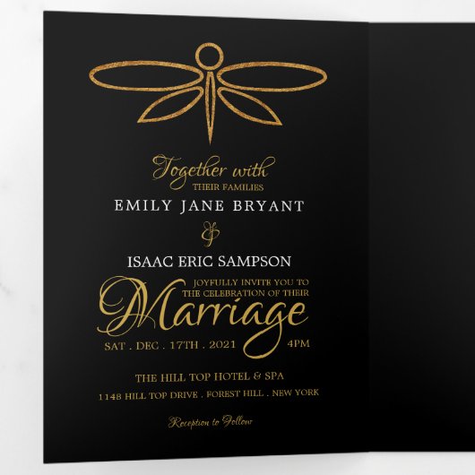 ヴィンテージゴールドフォイルドラゴンフライ結婚ズスイート 三つ折り招待状 (内部最初)