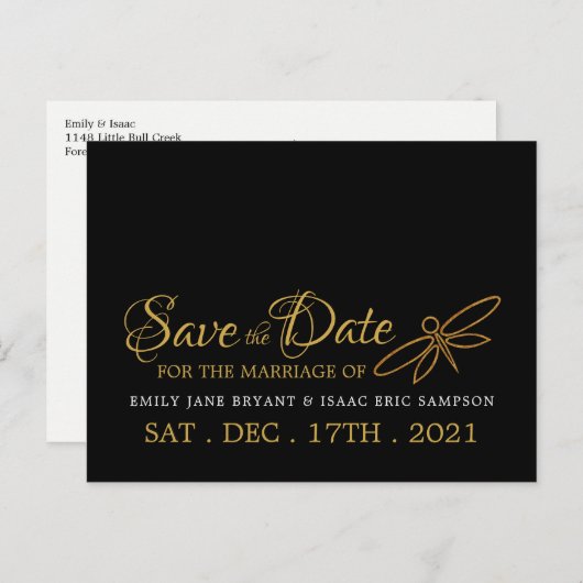 ヴィンテージゴールドフォイルドラゴンフライ結婚式の日付を保存 案内ポストカード (正面/裏面)