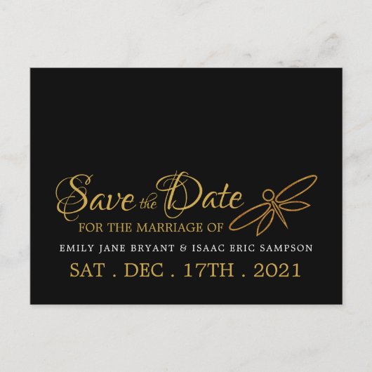ヴィンテージゴールドフォイルドラゴンフライ結婚式の日付を保存 案内ポストカード (正面)