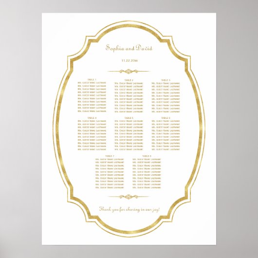 ヴィンテージゴールドフォイル結婚フレームの座席表 ポスター (正面)