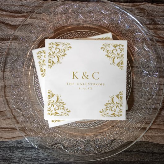 ヴィンテージゴールドモノグラムエレガントゴールドウェディング スタンダードカクテルナプキン