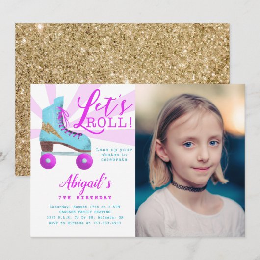 ヴィンテージゴールドローラースケートバースデーパーティーの写真 招待状 (正面/裏面)