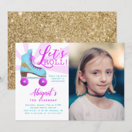 ヴィンテージゴールドローラースケートバースデーパーティーの写真 招待状