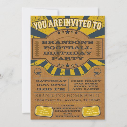 ヴィンテージサッカー誕生日パーティーの招待黄 招待状 (正面)