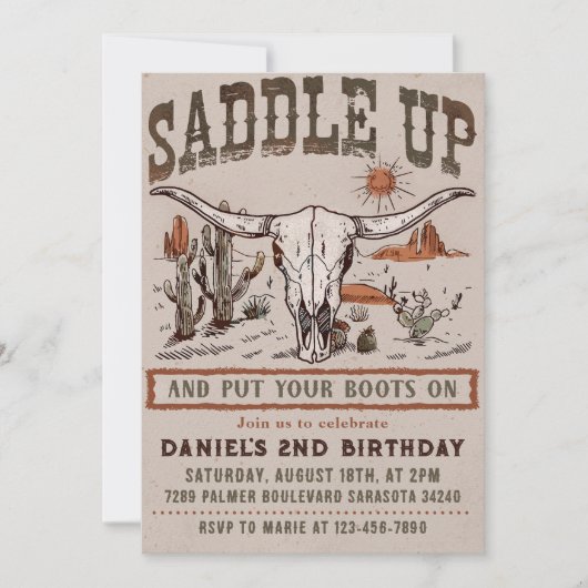 ヴィンテージサドルアップウエスタンカウボーイバースデーパーティー 招待状 (正面)