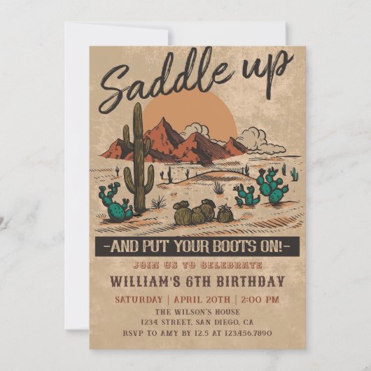 ヴィンテージサドルアップウエスタンカウボーイバースデーパーティー 招待状 (正面)