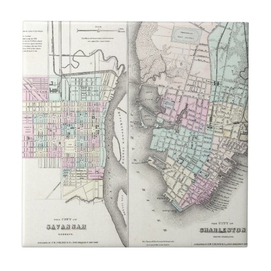 ヴィンテージサバンナとチャールストンの地図（1855年） タイル (正面)