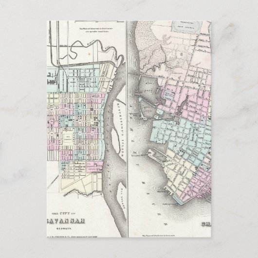 ヴィンテージサバンナとチャールストンの地図（1855年） ポストカード (正面)