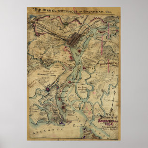 ヴィンテージサバンナ・ジョージア南北戦争の地図(1864年) ポスター