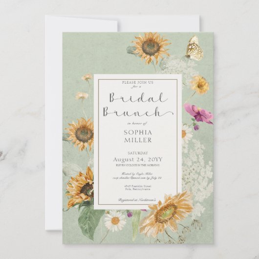 ヴィンテージサマーサンフラワーグリーンブライダルブランチ 招待状 (正面)